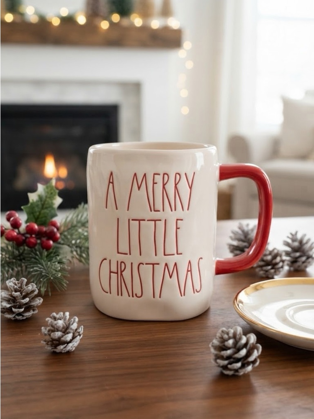 Rae Dunn Cream Ceramic Mug with Red Handle - "A Merry Little Christmas"